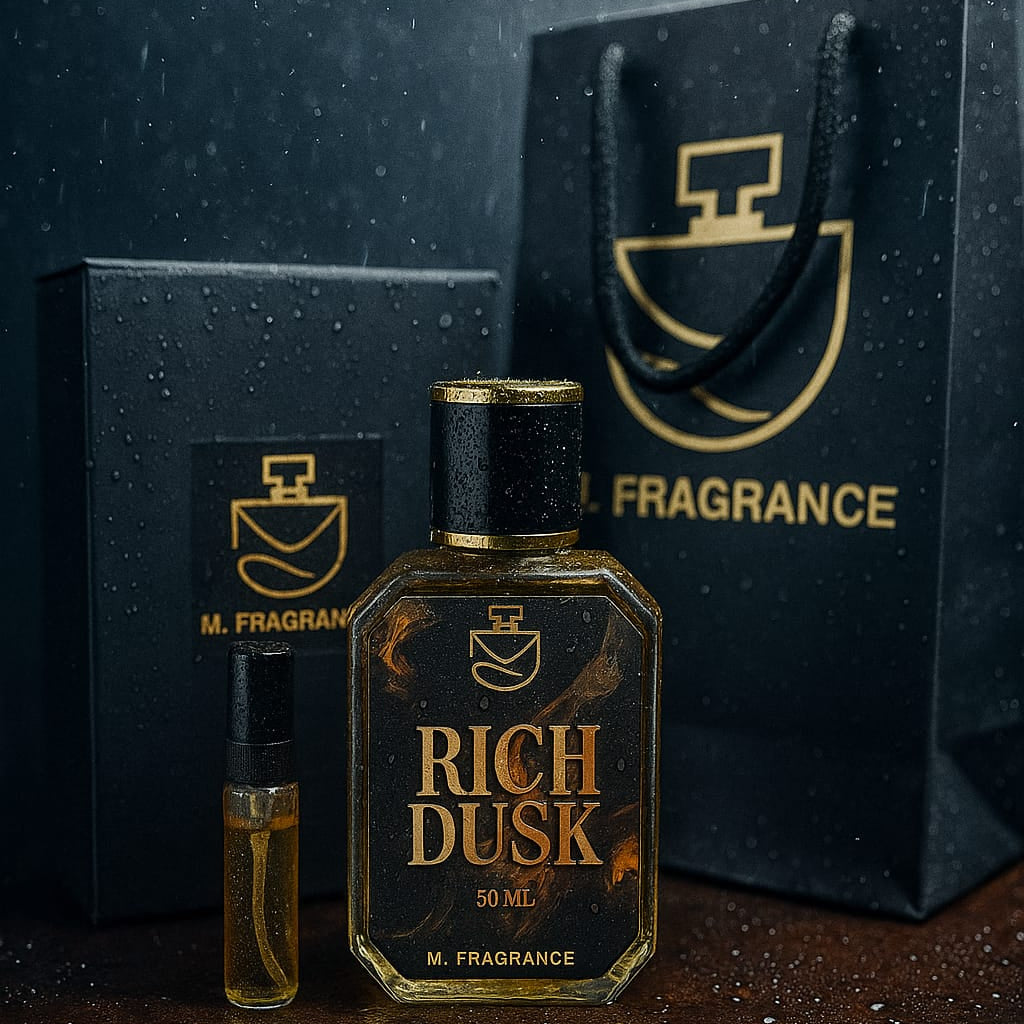 Perfume bottle labeled 'Rich Dusk' with packaging on a dark background